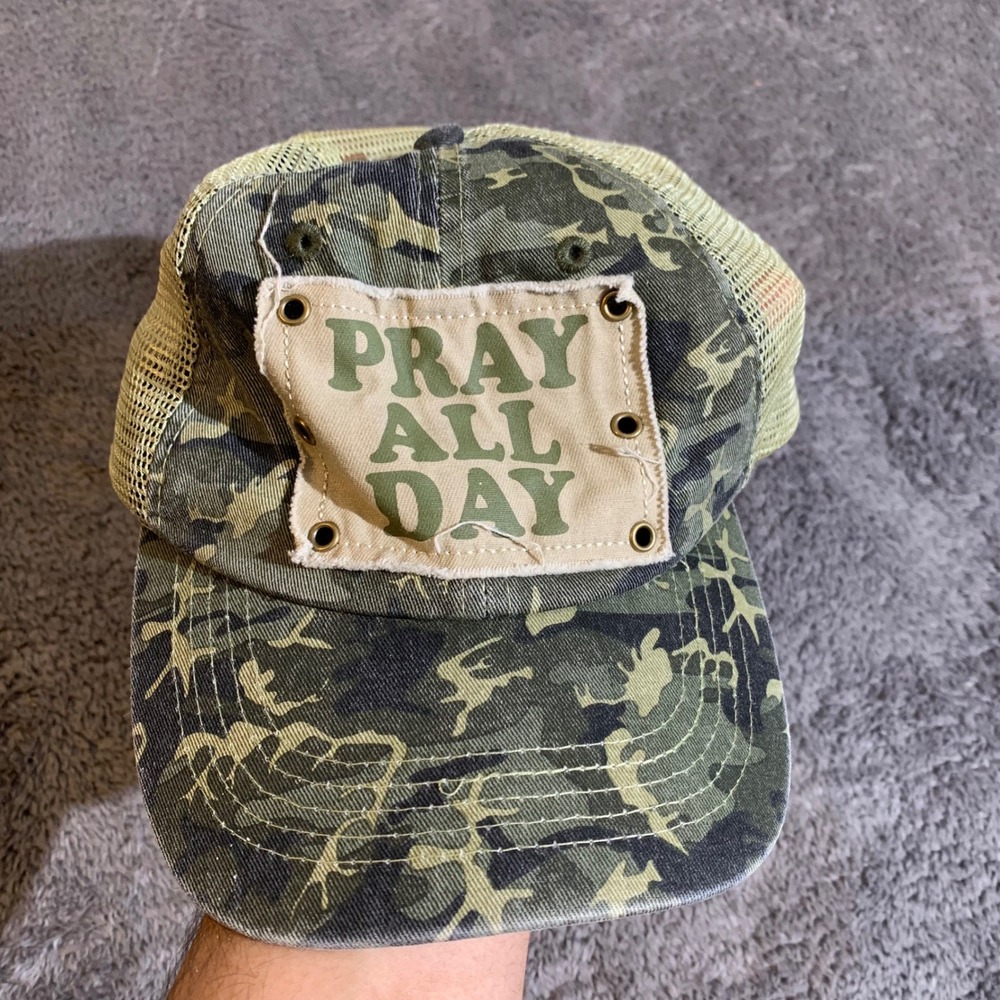 Cherished Girl Pray All Day Camo Trucker Hat Snapback Mesh Cap Green Camouflage